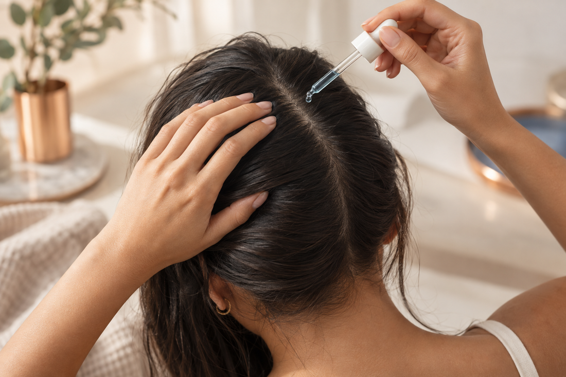 A person applying a few drops of serum to a neatly parted scalp